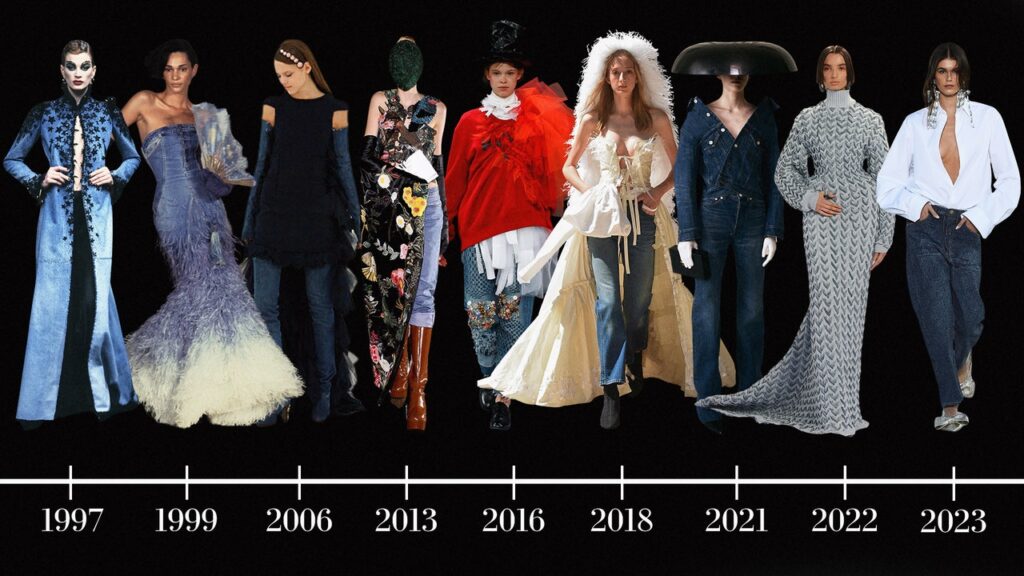 Les jeans dans la haute couture : des modèles ornés de Jean Paul Gaultier en 1997 à la Kaia Gerber de Valentino en 2023.